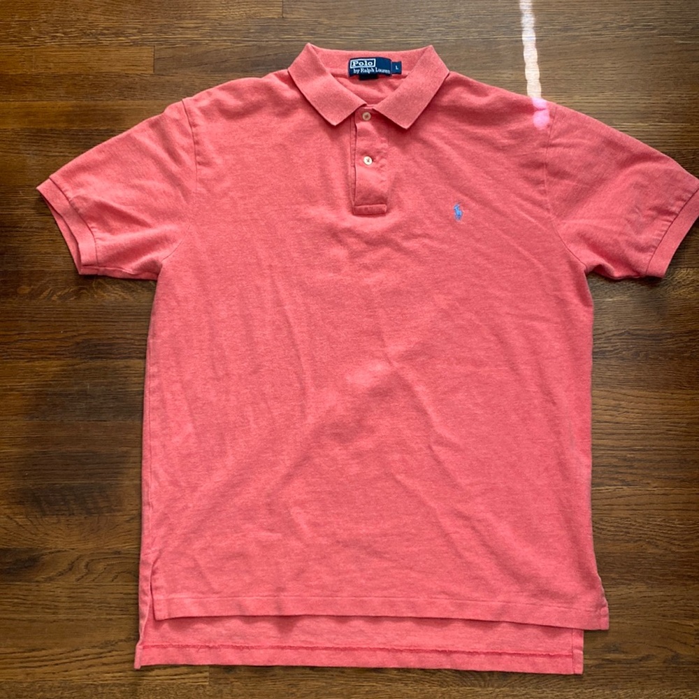 Men’s short sleeve polo by Ralph Lauren size large pink with blue pony